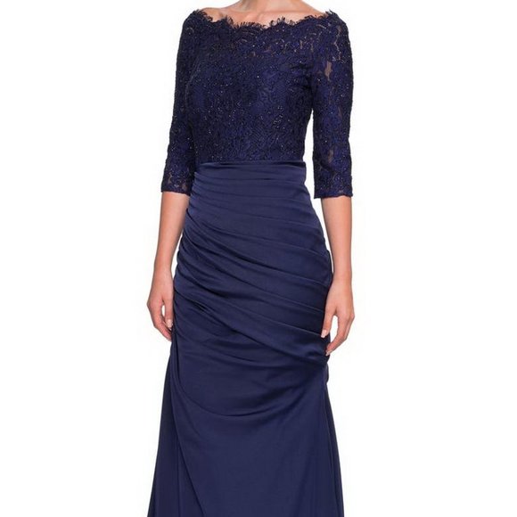 La Femme Navy Blue Sparkle Lace Trumpet Gown Dress - Picture 1 of 4